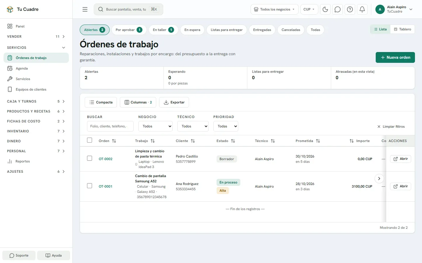 Pantalla del panel para «Órdenes de trabajo»