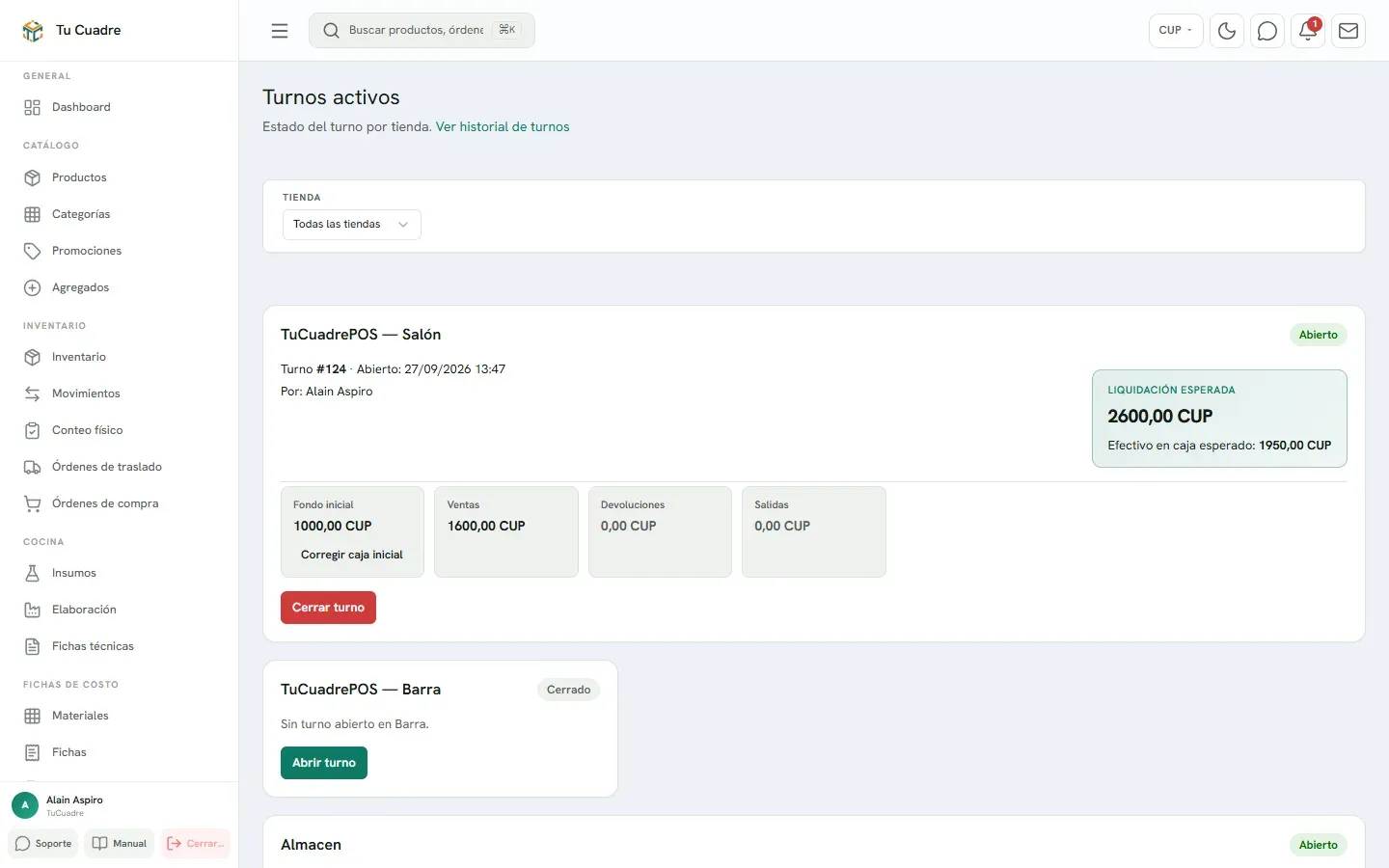 Pantalla Turnos activos del panel, con el botón Cerrar turno